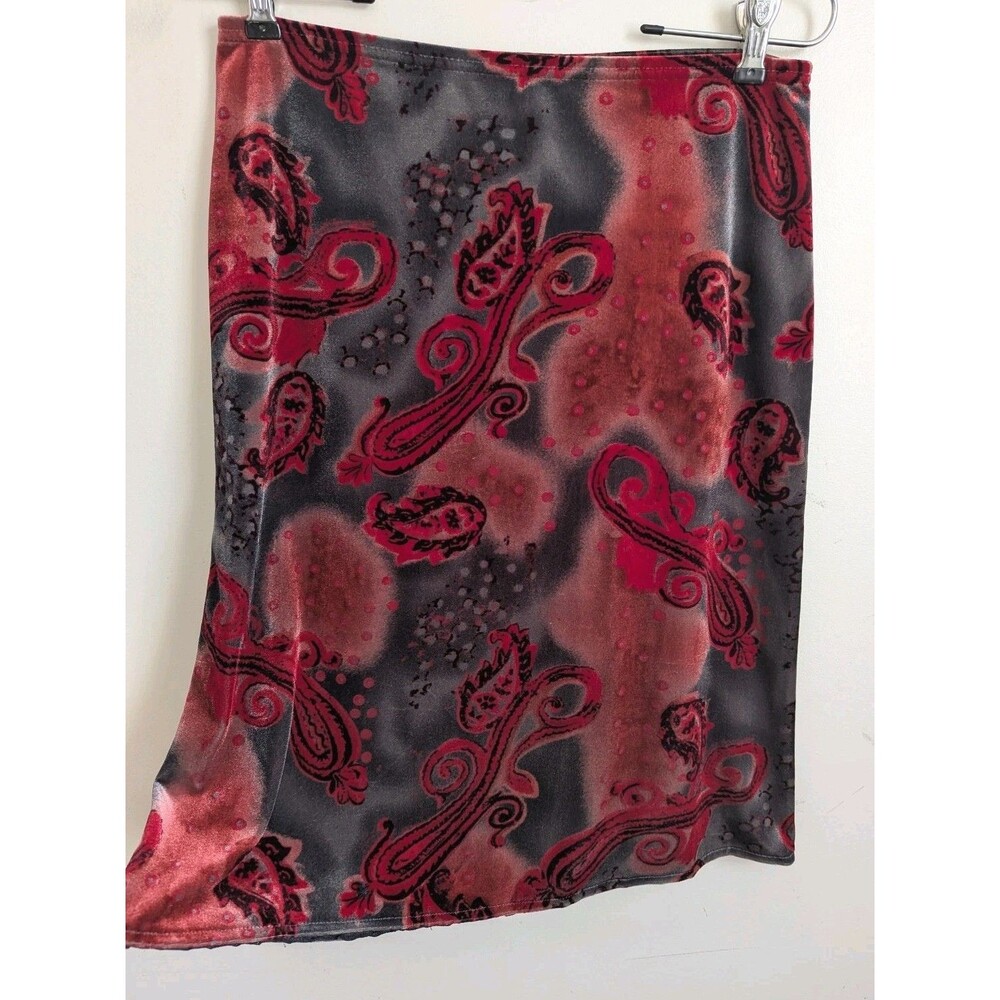 Vtg 90s Red Velvet Floral Midi Skirt Stretch Whimsigoth Gypsy Fairy Grunge S M